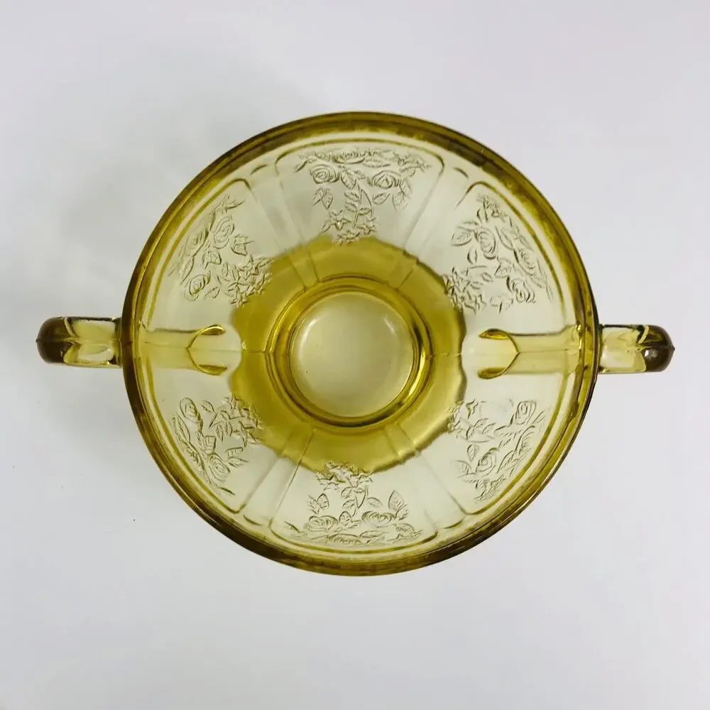 Amber Federal Glass Depression Glass Sharon Cabbage Rose Open Sugar Bowl READ
